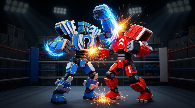 Steel Fighters robots battling in a scrapyard arena